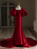 Niulatu Mermaid Puff Sleeves Satin Burgundy Long Prom Dress, Burgundy Long Formal Dress HZ1108