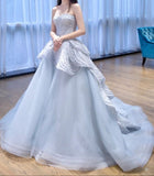 Niulatu Blue A-line Strapless Tulle Long Prom Dress, Ice Blue Evening Gown HZ1108