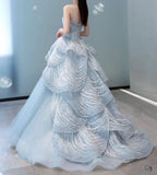 Niulatu Blue A-line Strapless Tulle Long Prom Dress, Ice Blue Evening Gown HZ1108