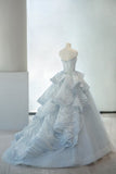 Niulatu Blue A-line Strapless Tulle Long Prom Dress, Ice Blue Evening Gown HZ1108