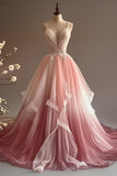 Niulatu A-Line V-Neck Tulle Applique Long Prom Dress, Spaghetti Strap Vintage Evening Dress HZ1026