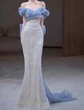 Niulatu Off Shoulder Tulle Sequin Long Prom Dress, Elegant Evening Gown HZ1108