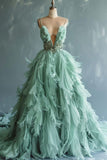 Niulatu Green A-line Spaghetti Strap Tulle Long Prom Dress, Elegant Evening Dress HZ1108