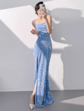 Niulatu Mermaid Sequin Spaghetti Strap Long Prom Dress, Formal Evening Dress HZ1108