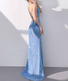 Niulatu Mermaid Sequin Spaghetti Strap Long Prom Dress, Formal Evening Dress HZ1108