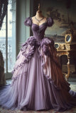 Niulatu Purple A-Line Sweetheart Neck Tulle Lace Vintage Long Prom Dress HZ1026