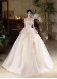 Niulatu Champagne A-Line Strapless Tulle Wedding Dress£¬Gentle Beaded Long Bridal Dress HZ1108
