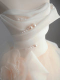 Niulatu Champagne A-Line Strapless Tulle Wedding Dress£¬Gentle Beaded Long Bridal Dress HZ1108