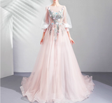 Niulatu Pink A-line Long-Sleeved Tulle Embroidered Wedding Dress, Gentle Long Prom Dress HZ1108