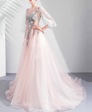 Niulatu Pink A-line Long-Sleeved Tulle Embroidered Wedding Dress, Gentle Long Prom Dress HZ1108