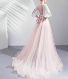 Niulatu Pink A-line Long-Sleeved Tulle Embroidered Wedding Dress, Gentle Long Prom Dress HZ1108