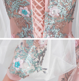 Niulatu Pink A-line Long-Sleeved Tulle Embroidered Wedding Dress, Gentle Long Prom Dress HZ1108