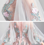 Niulatu Pink A-line Long-Sleeved Tulle Embroidered Wedding Dress, Gentle Long Prom Dress HZ1108