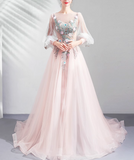 Niulatu Pink A-line Long-Sleeved Tulle Embroidered Wedding Dress, Gentle Long Prom Dress HZ1108