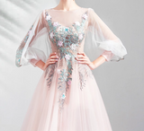 Niulatu Pink A-line Long-Sleeved Tulle Embroidered Wedding Dress, Gentle Long Prom Dress HZ1108