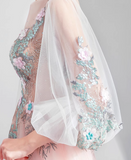 Niulatu Pink A-line Long-Sleeved Tulle Embroidered Wedding Dress, Gentle Long Prom Dress HZ1108