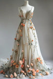Niulatu V Neck Wedding Dresses 3D Flowers Appliques Tulle A-line Prom Gowns HZ1026