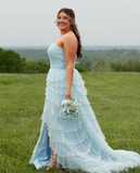 Niulatu Blue Strapless Layered Tulle Prom Dress with Sequins HZ1108