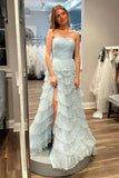 Niulatu Blue Strapless Layered Tulle Prom Dress with Sequins HZ1108
