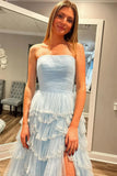 Niulatu Blue Strapless Layered Tulle Prom Dress with Sequins HZ1108