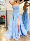 Niulatu Blue A-Line Spaghetti Strap Lace Tulle Long Prom Dress HZ1108