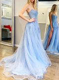 Niulatu Blue A-Line Spaghetti Strap Lace Tulle Long Prom Dress HZ1108
