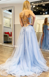 Niulatu Blue A-Line Spaghetti Strap Lace Tulle Long Prom Dress HZ1108