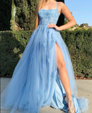 Niulatu Blue A-Line Spaghetti Strap Lace Tulle Long Prom Dress HZ1108