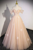 Niulatu Flowers Tulle Long Formal Dresses, Champagne Off Shoulder Evening Dresses HZ1108
