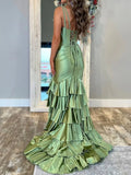 Niulatu Sage V Neck Satin Long Prom Dress With Ruffle Skirt HZ1108
