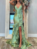 Niulatu Sage V Neck Satin Long Prom Dress With Ruffle Skirt HZ1108