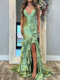 Niulatu Sage V Neck Satin Long Prom Dress With Ruffle Skirt HZ1108