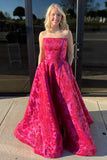 Niulatu A Line Sweetheart Jacquard Satin Red Long Prom Dress with Pockets HZ1108