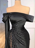 Niulatu Off-The-Shoulder Long Sleeves Satin/Sequined Prom Dresses HZ1026