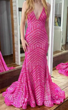 Niulatu V Neck Pink Sequins Mermaid Long Prom Dress HZ1103