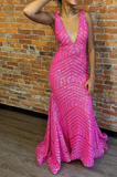 Niulatu V Neck Pink Sequins Mermaid Long Prom Dress HZ1103
