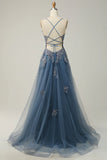Niulatu A-line Spaghetti Strap Tulle Long Prom Dress Applique V-neck Party Dress HZ1103