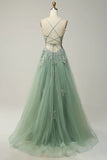 Niulatu A-line Spaghetti Strap Tulle Long Prom Dress Applique V-neck Party Dress HZ1103