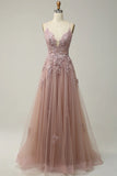 Niulatu A-line Spaghetti Strap Tulle Long Prom Dress Applique V-neck Party Dress HZ1103