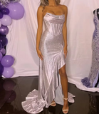 Niulatu Silver Strapless Beaded Long Prom Dress with Slit HZ1103
