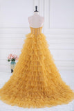 Niulatu A-line Strapless Tulle Sequined Long Prom Dress, Gold Sweet 16 Dress HZ1103
