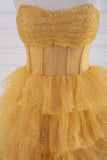 Niulatu A-line Strapless Tulle Sequined Long Prom Dress, Gold Sweet 16 Dress HZ1103