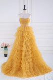 Niulatu A-line Strapless Tulle Sequined Long Prom Dress, Gold Sweet 16 Dress HZ1103