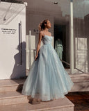 Niulatu blue A-line spaghetti strap tulle simple long prom dress HZ1103