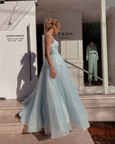 Niulatu blue A-line spaghetti strap tulle simple long prom dress HZ1103