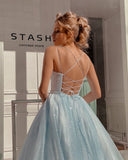 Niulatu blue A-line spaghetti strap tulle simple long prom dress HZ1103