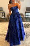 Niulatu Sequined Lace Strapless Long Prom Dress with Pocketss HZ1103
