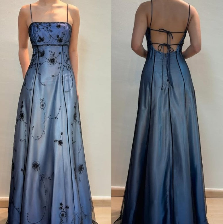 Niulatu Blue Gradient Empire Prom Dresses Backless Romantic Beaded Evening Dresses Guest Dresses HZ1026