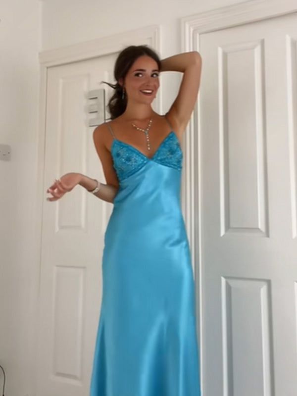 Niulatu Blue?? Spaghetti Strap Mermaid Gown for Prom&Party Sleeveless Satin Vintage Formal Evening Dress HZ1103