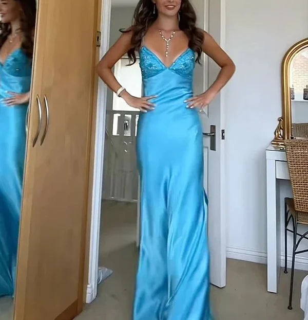 Niulatu Blue?? Spaghetti Strap Mermaid Gown for Prom&Party Sleeveless Satin Vintage Formal Evening Dress HZ1103